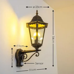 Applique Murale D'Exterieur Hongkong Brun Dore, 1 Lumiere, Detecteur De Mouvement