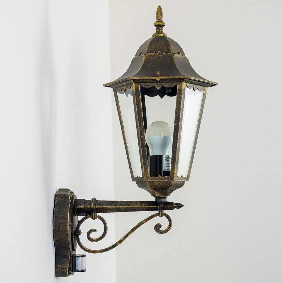 Applique Murale D'Exterieur Hongkong Brun Dore, 1 Lumiere, Detecteur De Mouvement