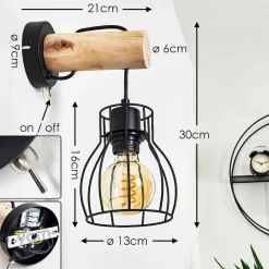 Applique Murale Gondo Bois Clair, Noir, 1 Lumiere