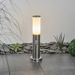 Borne Lumineuse Caserta Nickel Mat, Blanc, 1 Lumiere, Detecteur De Mouvement