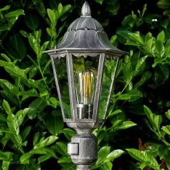 Lampadaire Exterieur Lignac Noir, Argente, 1 Lumiere, Detecteur De Mouvement