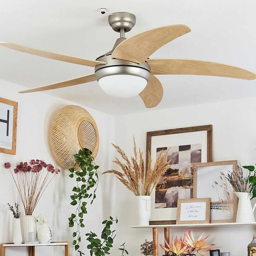 Ventilateur De Plafond Morino Ecru, Nickel Mat, 2 Lumieres, Telecommandes