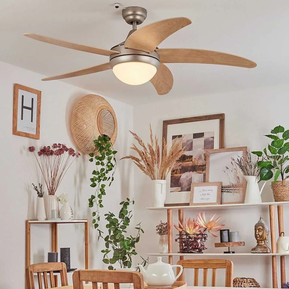 Ventilateur De Plafond Morino Ecru, Nickel Mat, 2 Lumieres, Telecommandes