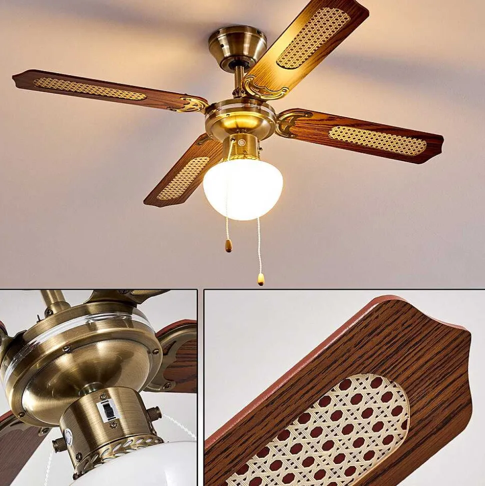 Ventilateurs De Plafond Morea Vieux Laiton, Bois Fonce, 1 Lumiere